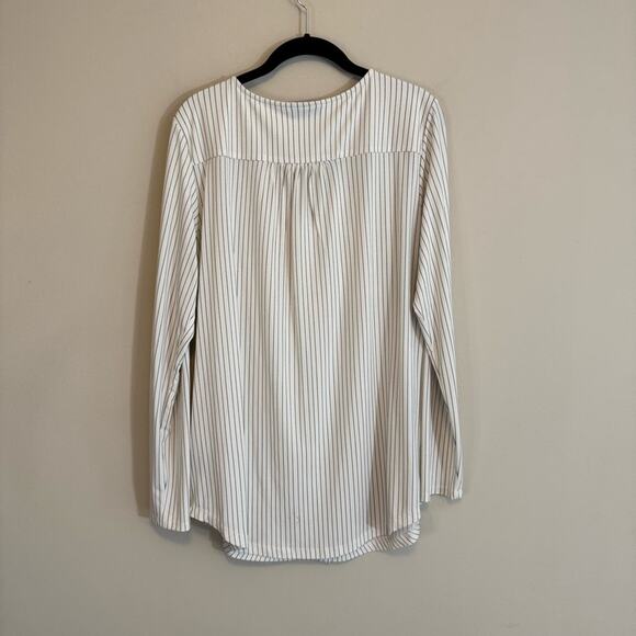 Worthington Women's White Black Striped Long Sleeve Spilt V-Neck Blouse Size L - Picture 5 of 6